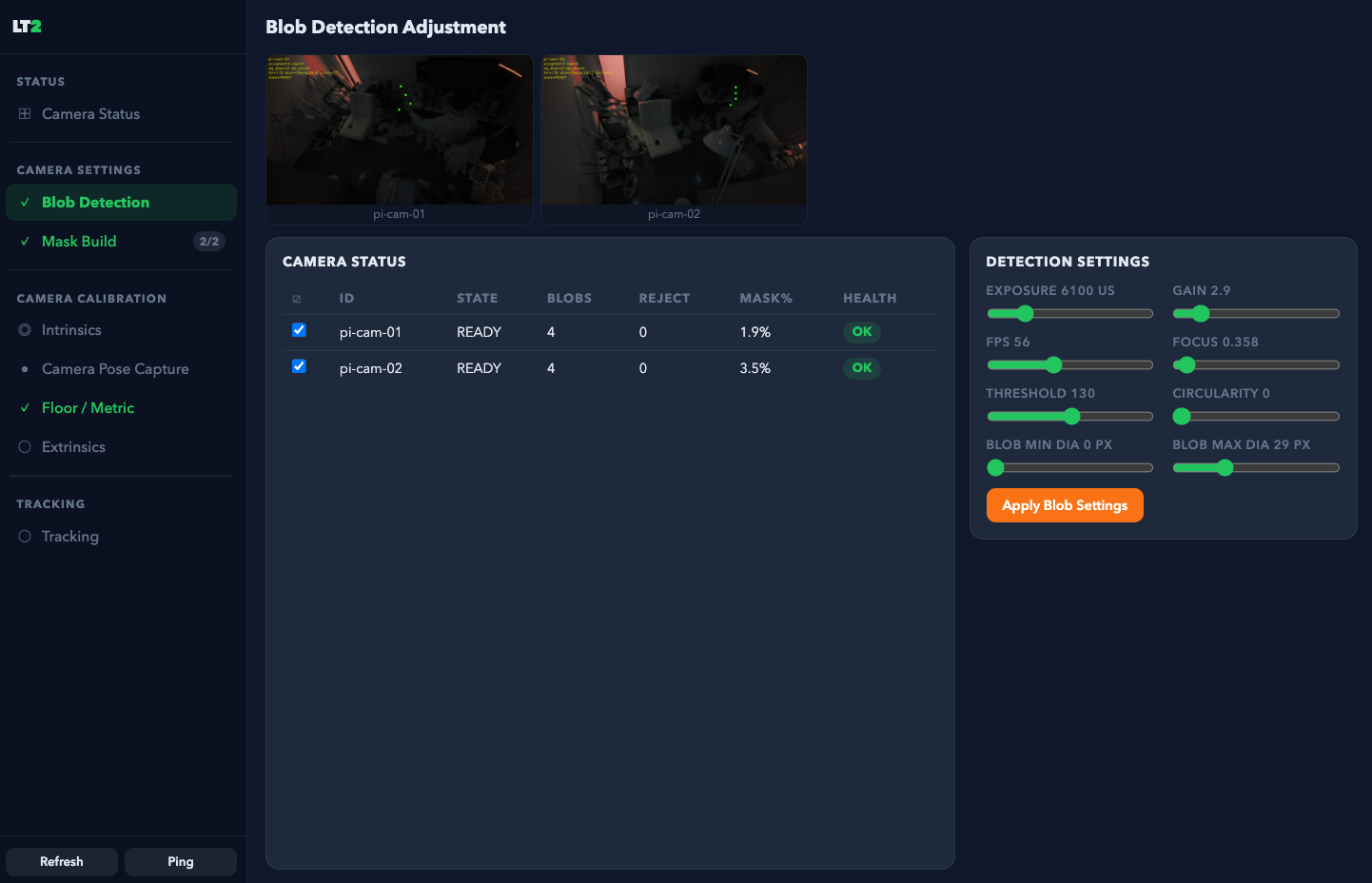 Blob detection adjustment screen
